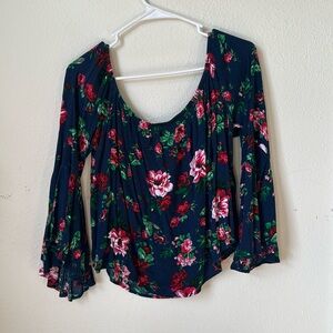 Off shoulder flared quarter sleeve navy blue floral shirt crop top